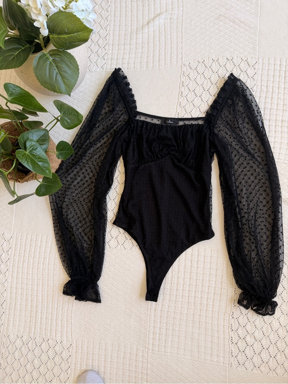 Lulus Call the Dots Black Dotted Mesh Long Sleeve Bodysuit - Picture 3 of 8